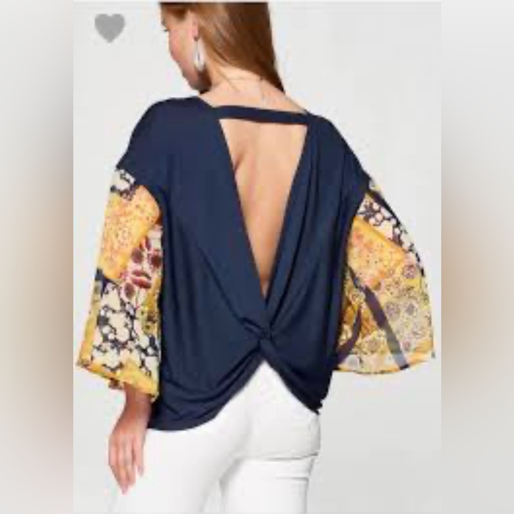 Navy Blue and Blouse with Yellow Floral Sleeves and a Cutout Twisted Open Back
